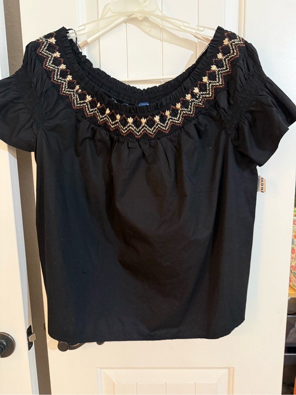 Old Navy Black Off-Shoulder Top with Multicolor Embroidered Yoke
